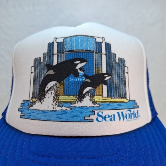 Vintage 80s Sea World Shamu Orca Trucker MeshBack SnapBack Hat Cap Blue White - Picture 2 of 8